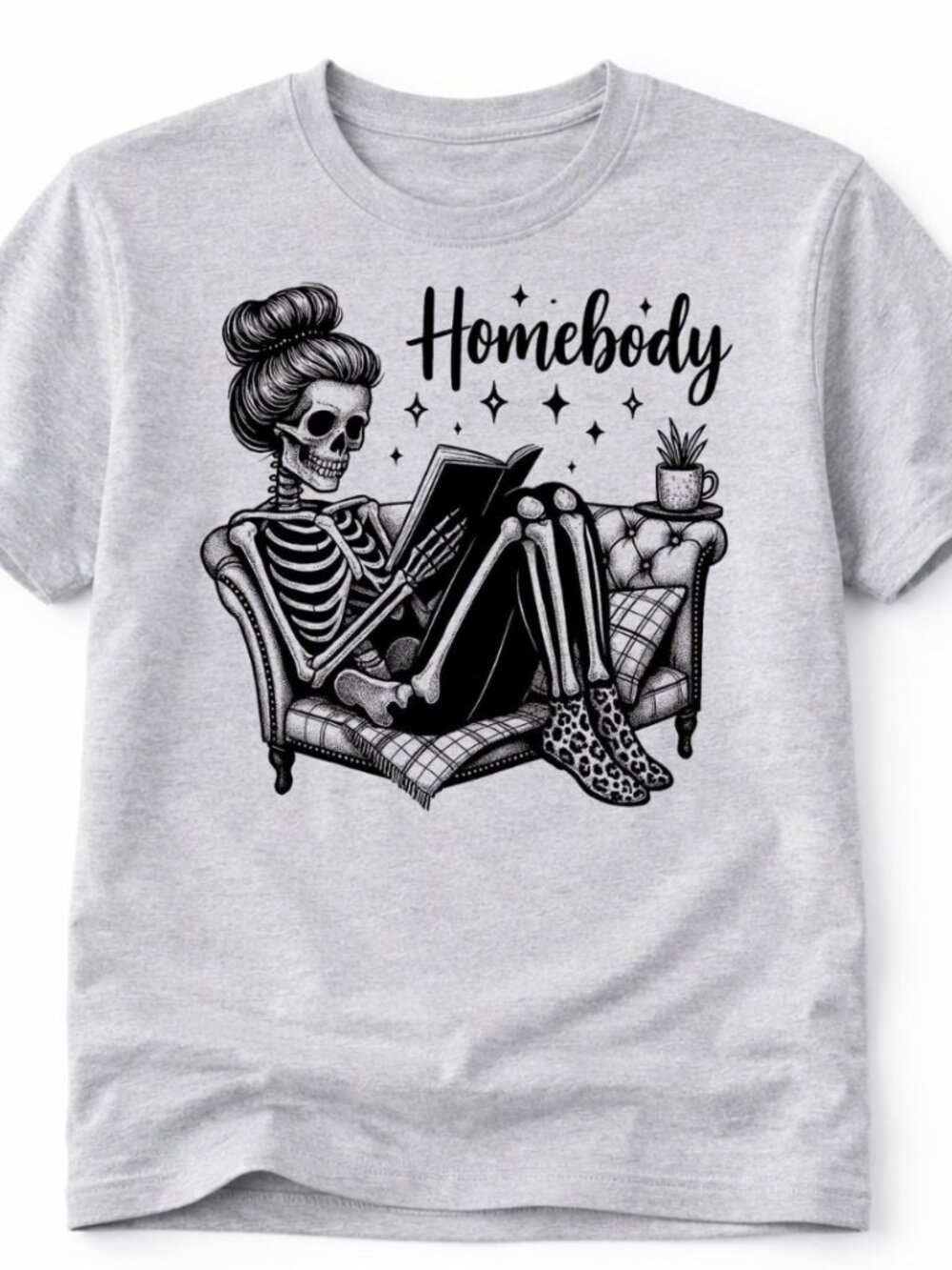 Homebody Skull Skeleton Graphic T Shirt Trendy Boutique Style Tee Womens Gray
